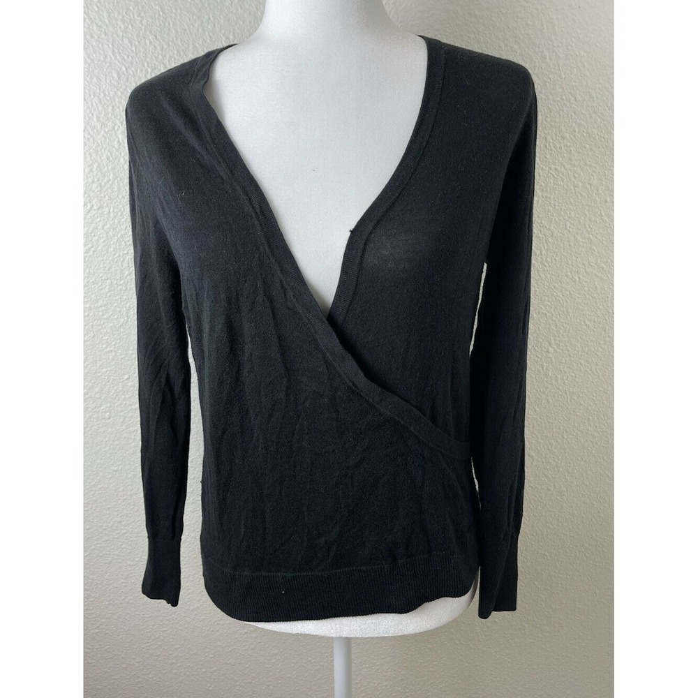 Halogen Women' Black Long Sleeve Surplice V-Neck Wrap Top Sz Petite Small PS